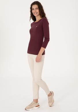 Kadın Bordo Slim Bisiklet Yaka Basic Sweatshırt - 50315419037