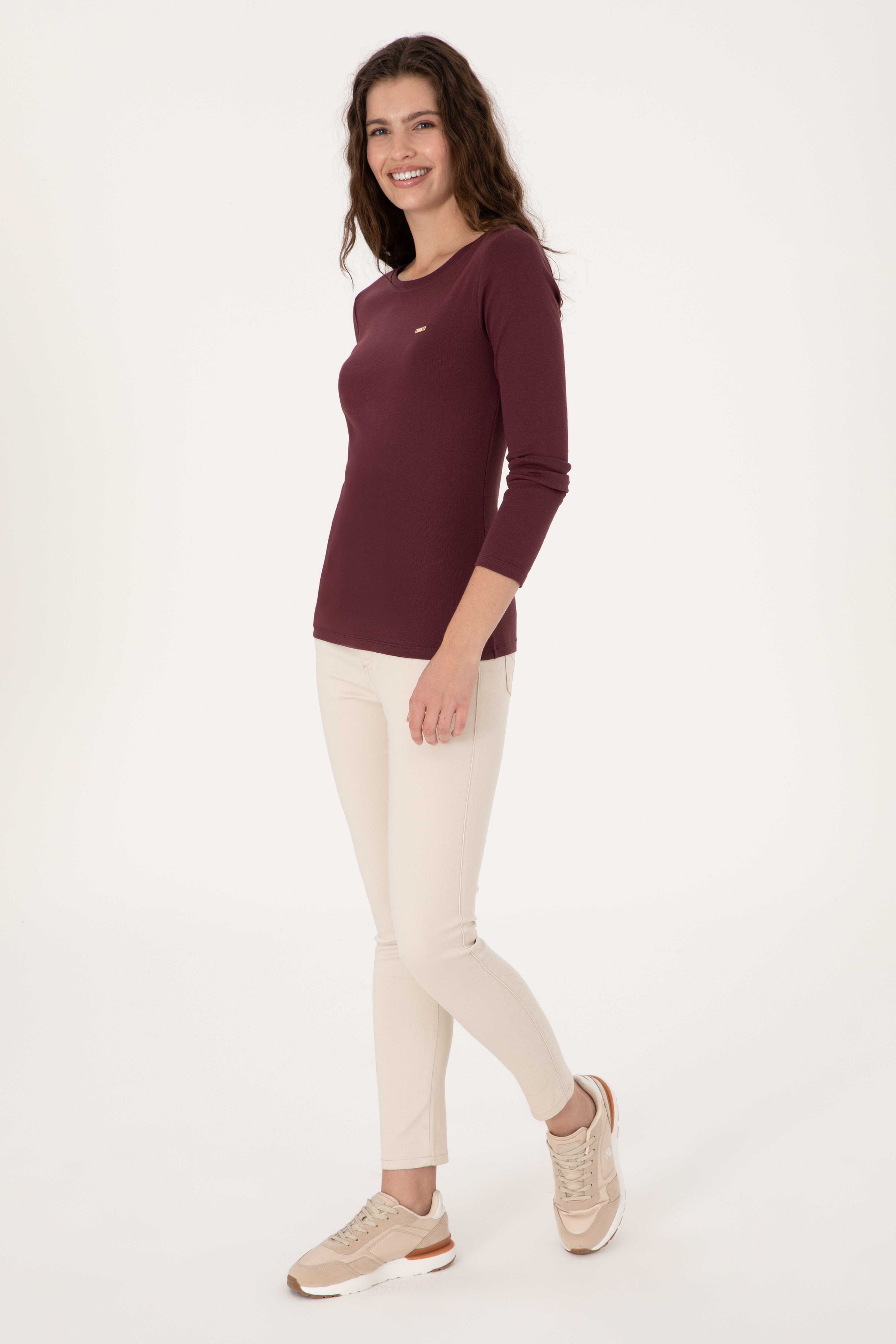 Kadın Bordo Slim Bisiklet Yaka Basic Sweatshırt