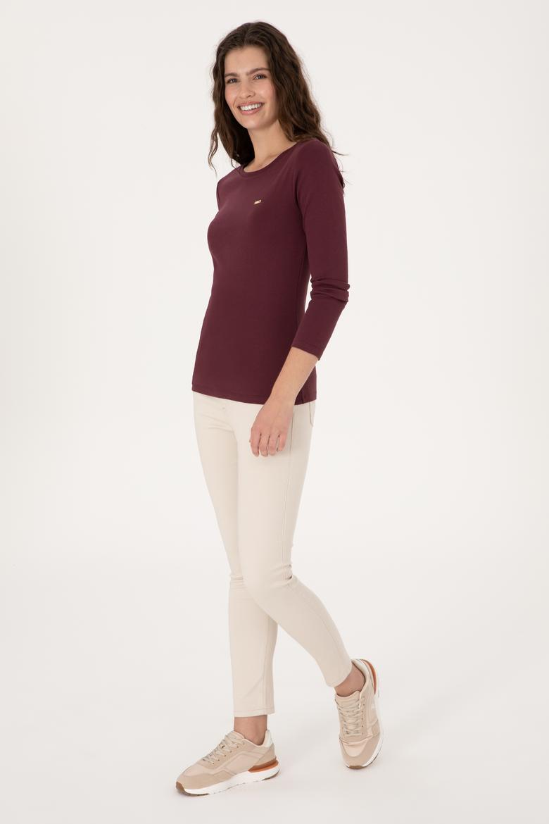 Kadın Bordo Slim Bisiklet Yaka Basic Sweatshırt - 50315419037