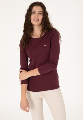 Kadın Bordo Slim Bisiklet Yaka Basic Sweatshırt - 50315419037