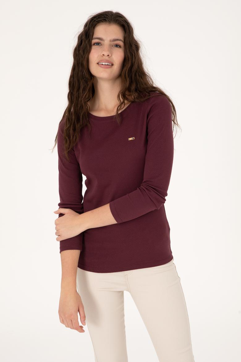 Kadın Bordo Slim Bisiklet Yaka Basic Sweatshırt