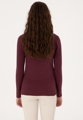 Kadın Bordo Slim Bisiklet Yaka Basic Sweatshırt - 50315419037