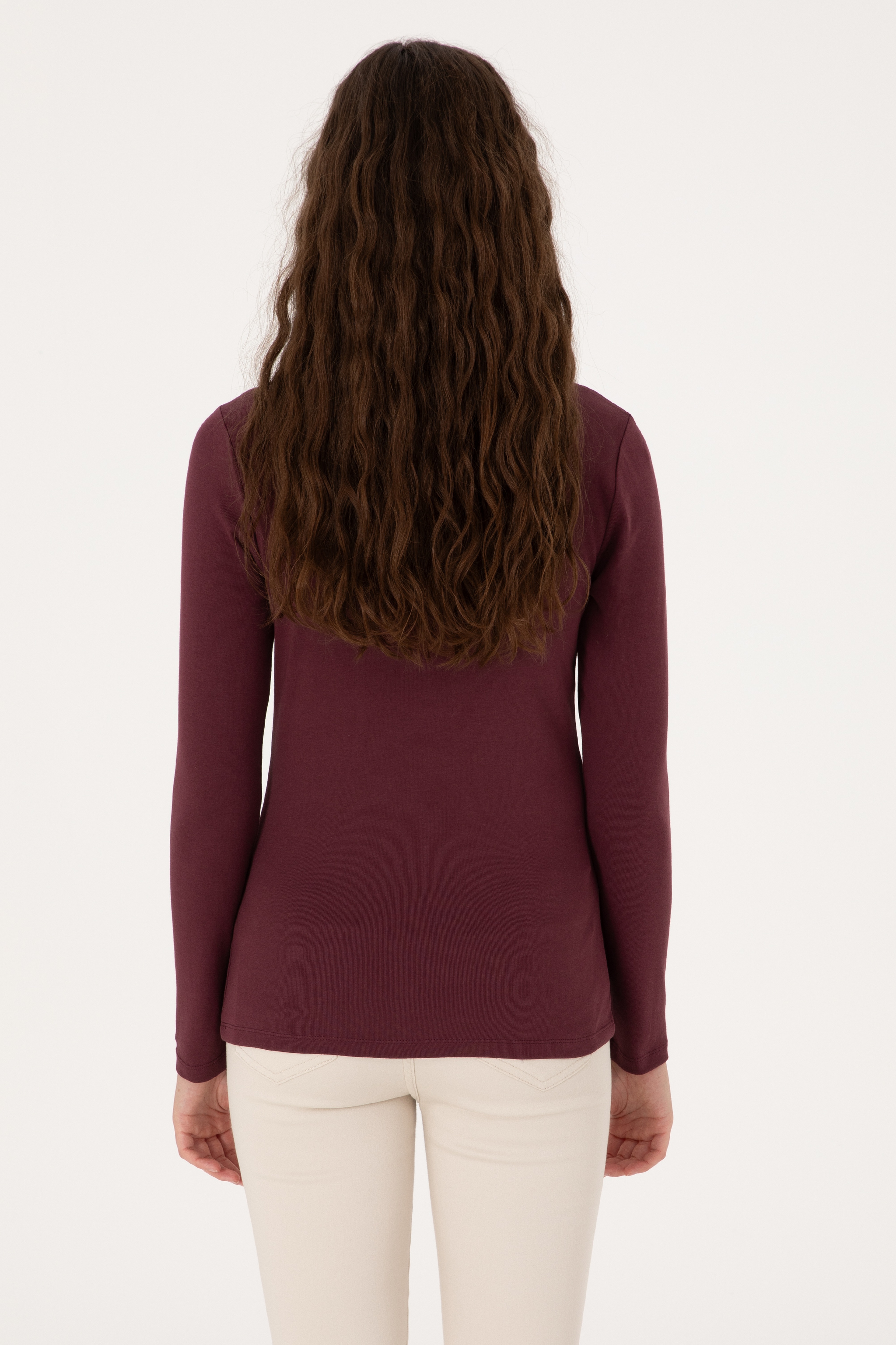 Kadın Bordo Slim Bisiklet Yaka Basic Sweatshırt