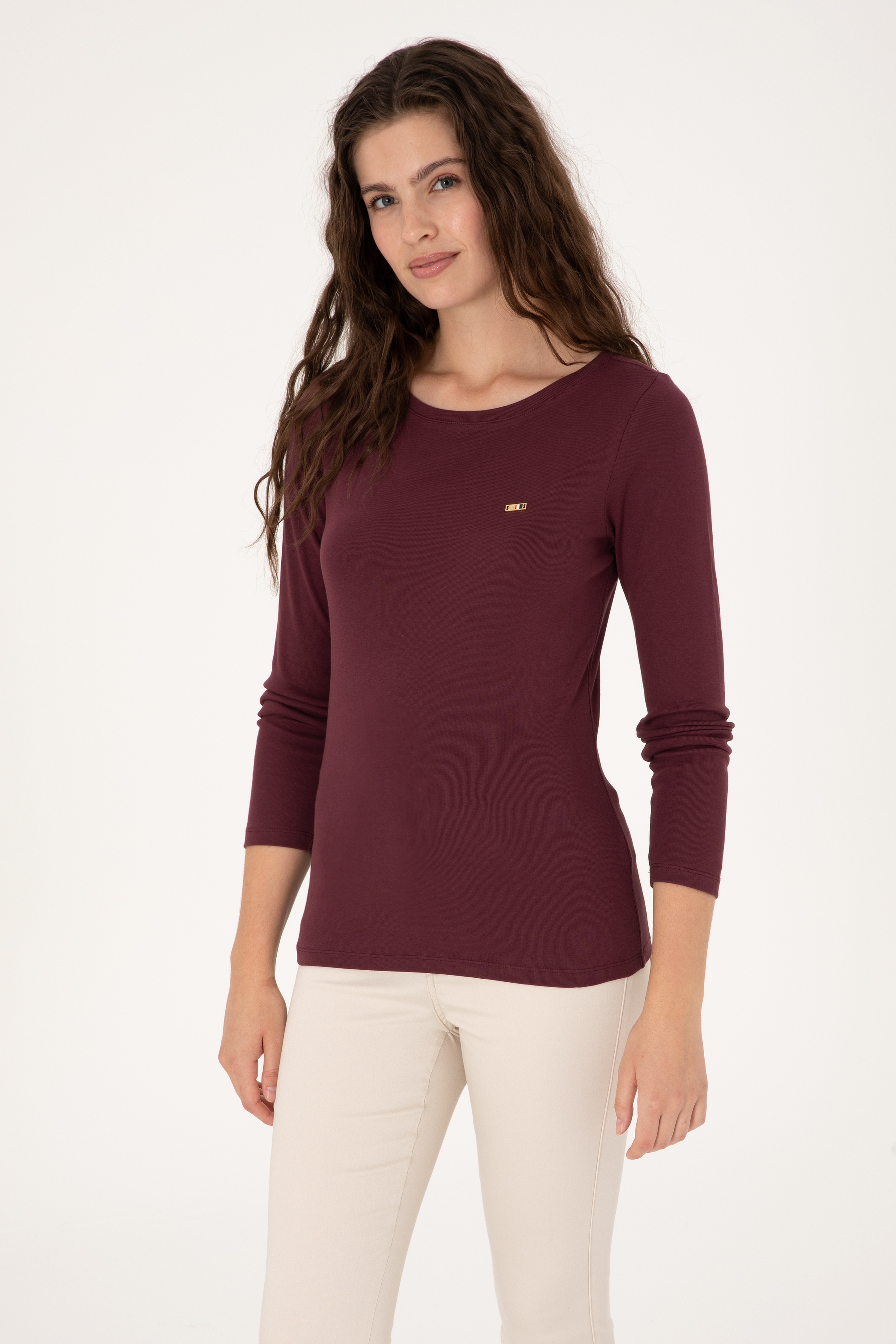 Kadın Bordo Slim Bisiklet Yaka Basic Sweatshırt - Image 3