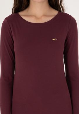 Kadın Bordo Slim Bisiklet Yaka Basic Sweatshırt - 50315419037