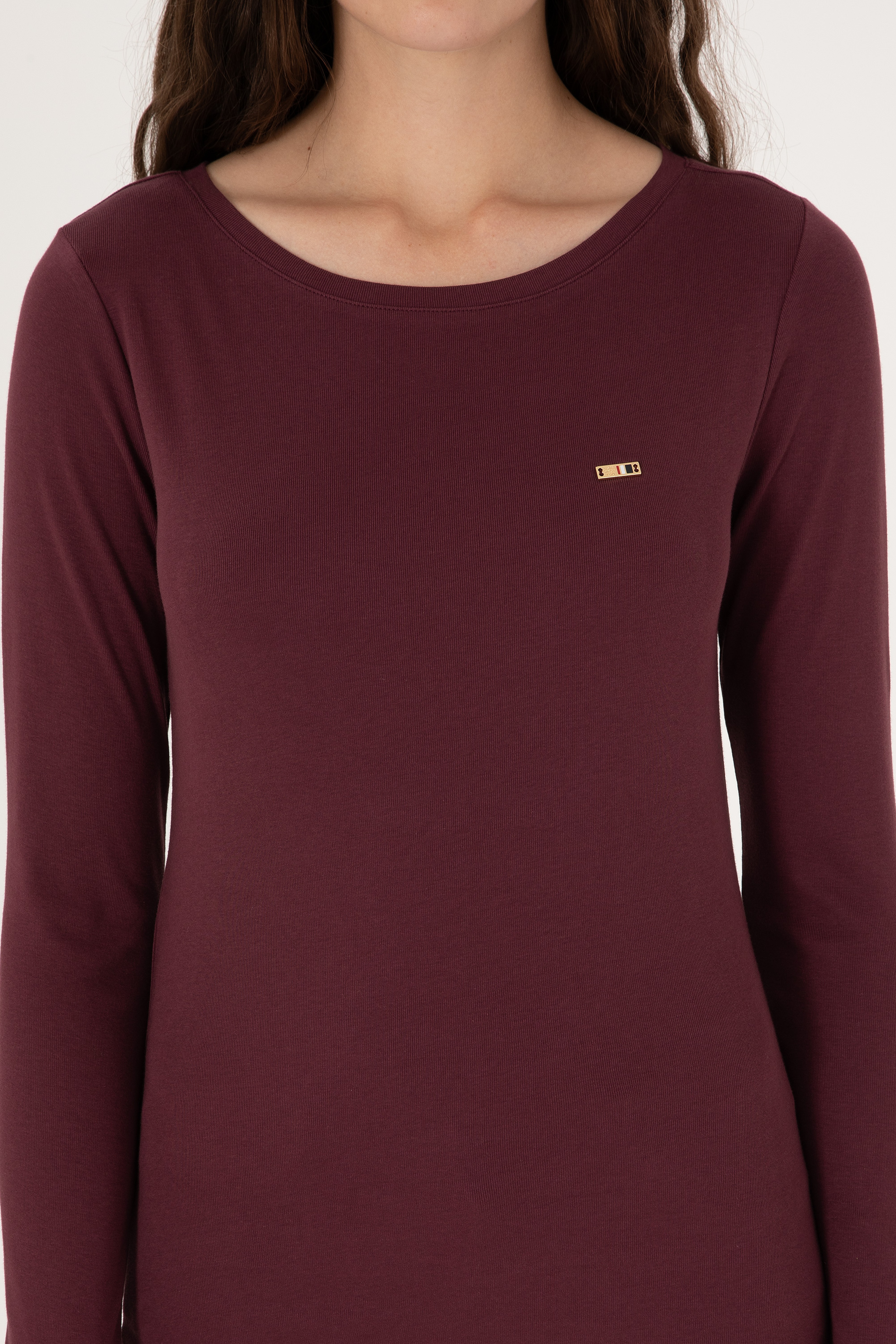Kadın Bordo Slim Bisiklet Yaka Basic Sweatshırt - Image 6