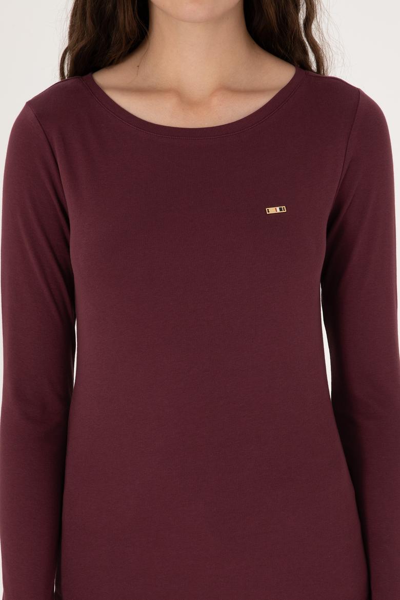 Kadın Bordo Slim Bisiklet Yaka Basic Sweatshırt - 50315419037