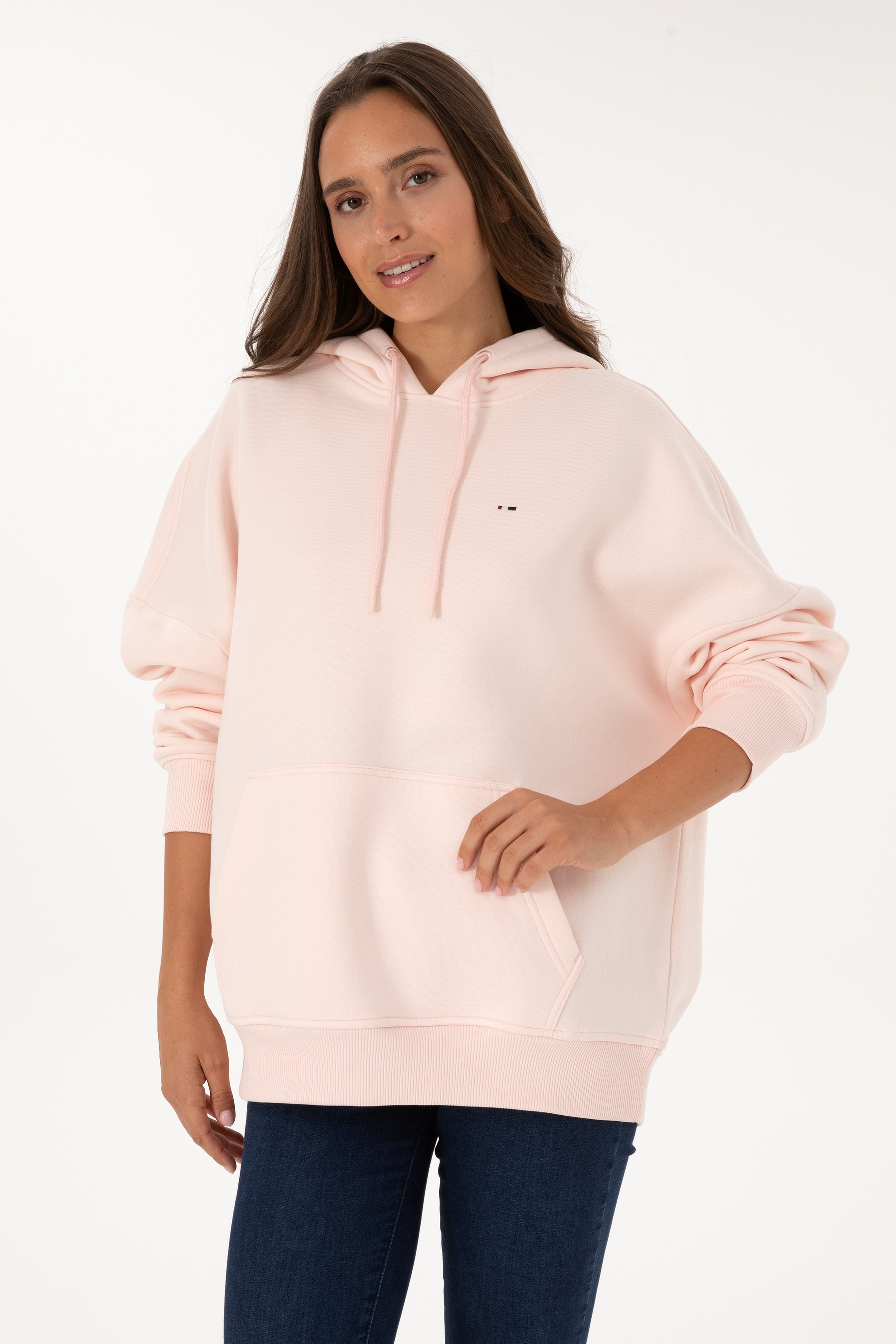 Kadın Açık Pembe Şardonlu Kapüşonlu Sweatshırt - Image 3
