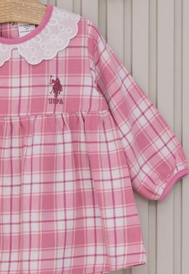 Kız Bebek Pembe Ekose Desenli Elbise Bandana 2'li Set - 50322807006