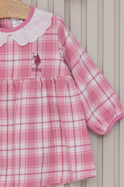 Kız Bebek Pembe Ekose Desenli Elbise Bandana 2'li Set