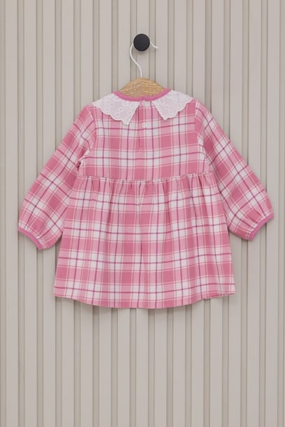 Kız Bebek Pembe Ekose Desenli Elbise Bandana 2'li Set