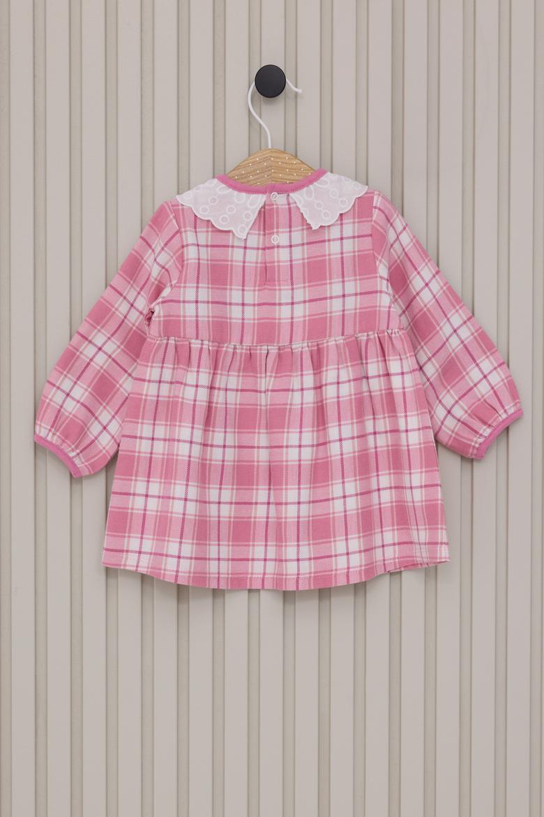 Kız Bebek Pembe Ekose Desenli Elbise Bandana 2'li Set - 50322807006