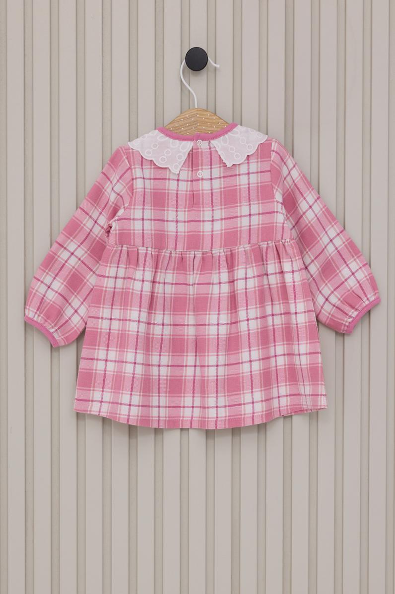 Kız Bebek Pembe Ekose Desenli Elbise Bandana 2'li Set