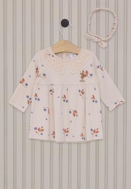 Kız Bebek Bej Çiçek Desenli Dantel Yaka Elbise Bandana 2'li Set - 50322805001