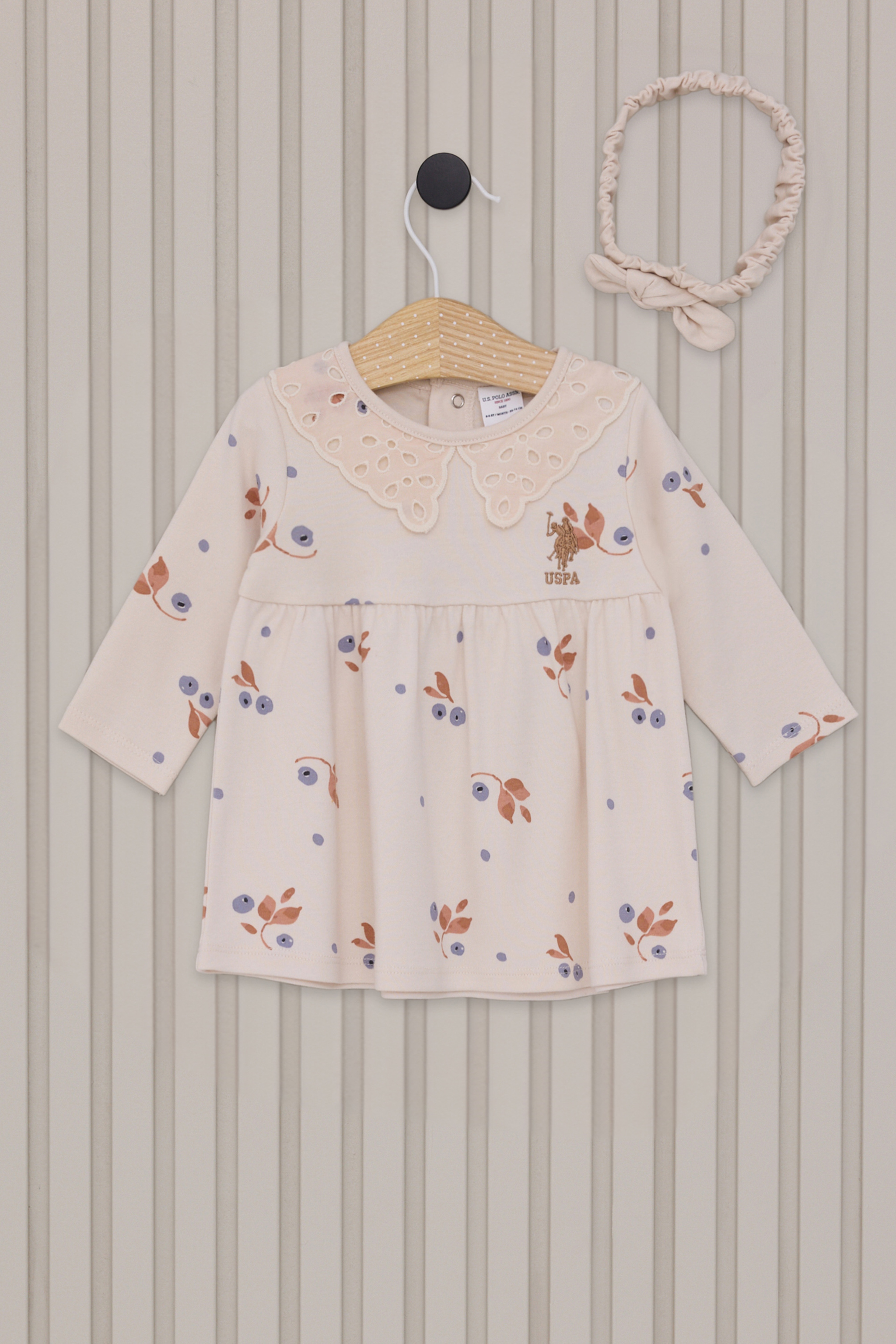 Kız Bebek Bej Çiçek Desenli Dantel Yaka Elbise Bandana 2'li Set