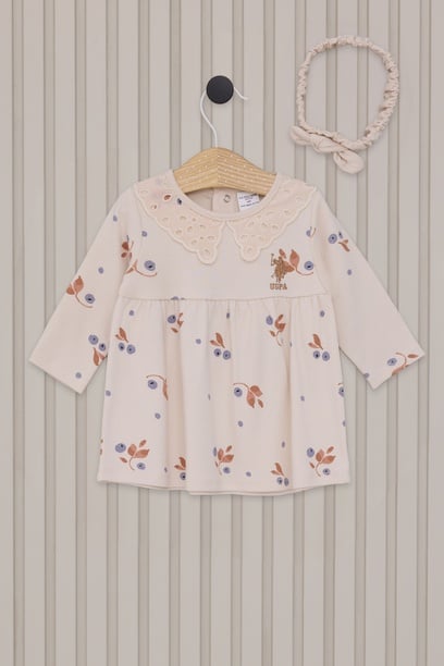 Kız Bebek Bej Çiçek Desenli Dantel Yaka Elbise Bandana 2'li Set