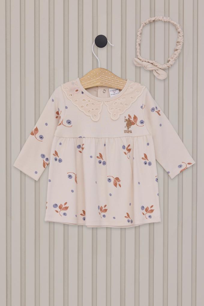 Kız Bebek Bej Çiçek Desenli Dantel Yaka Elbise Bandana 2'li Set