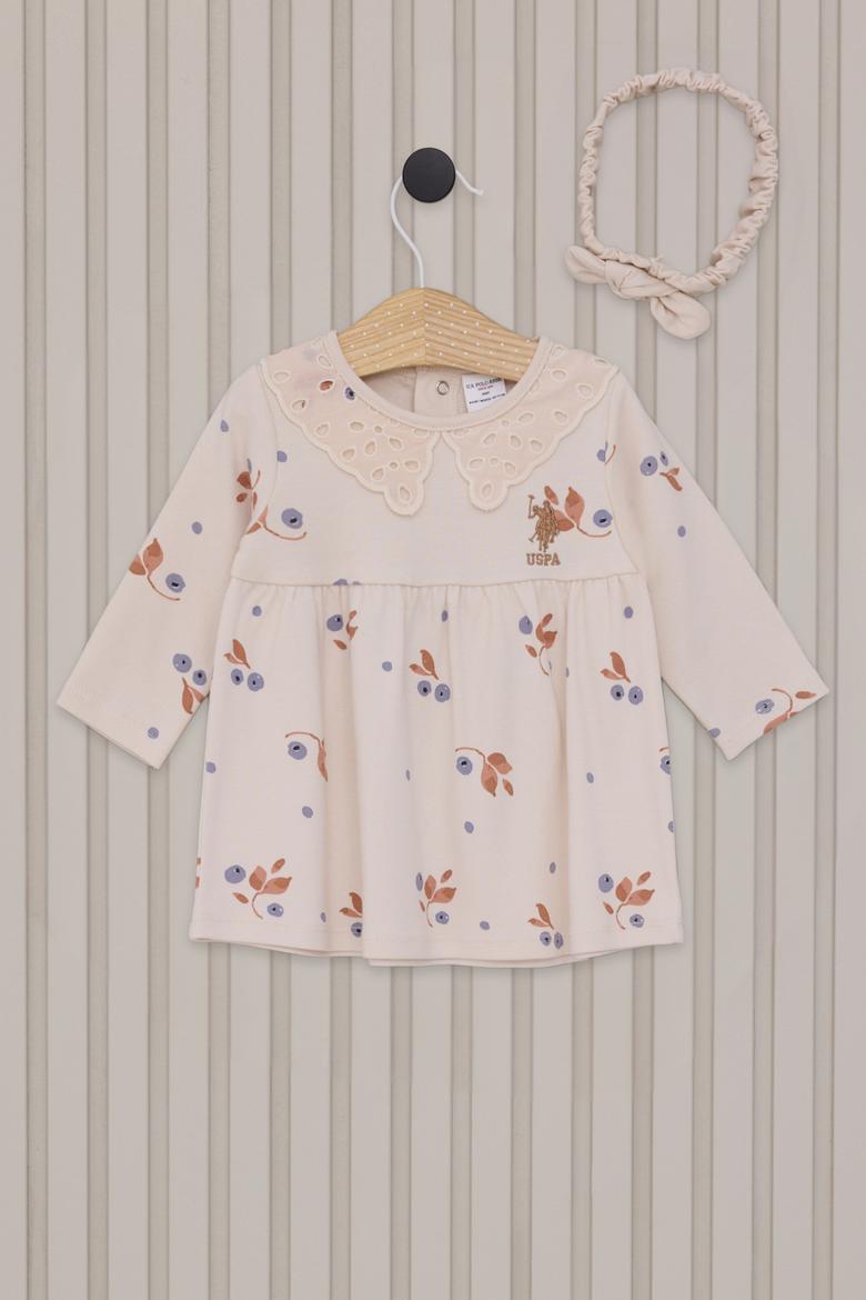 Kız Bebek Bej Çiçek Desenli Dantel Yaka Elbise Bandana 2'li Set