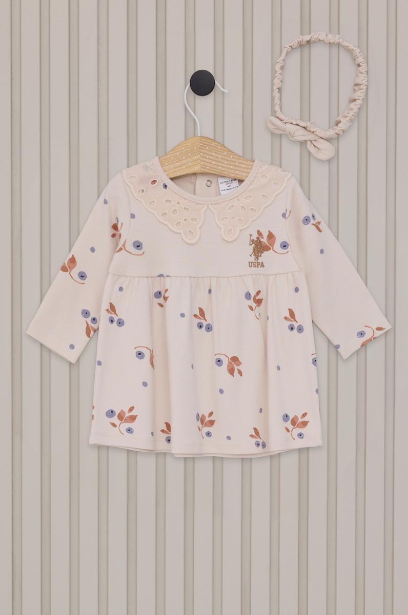 Kız Bebek Bej Çiçek Desenli Dantel Yaka Elbise Bandana 2'li Set