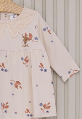 Kız Bebek Bej Çiçek Desenli Dantel Yaka Elbise Bandana 2'li Set - 50322805001