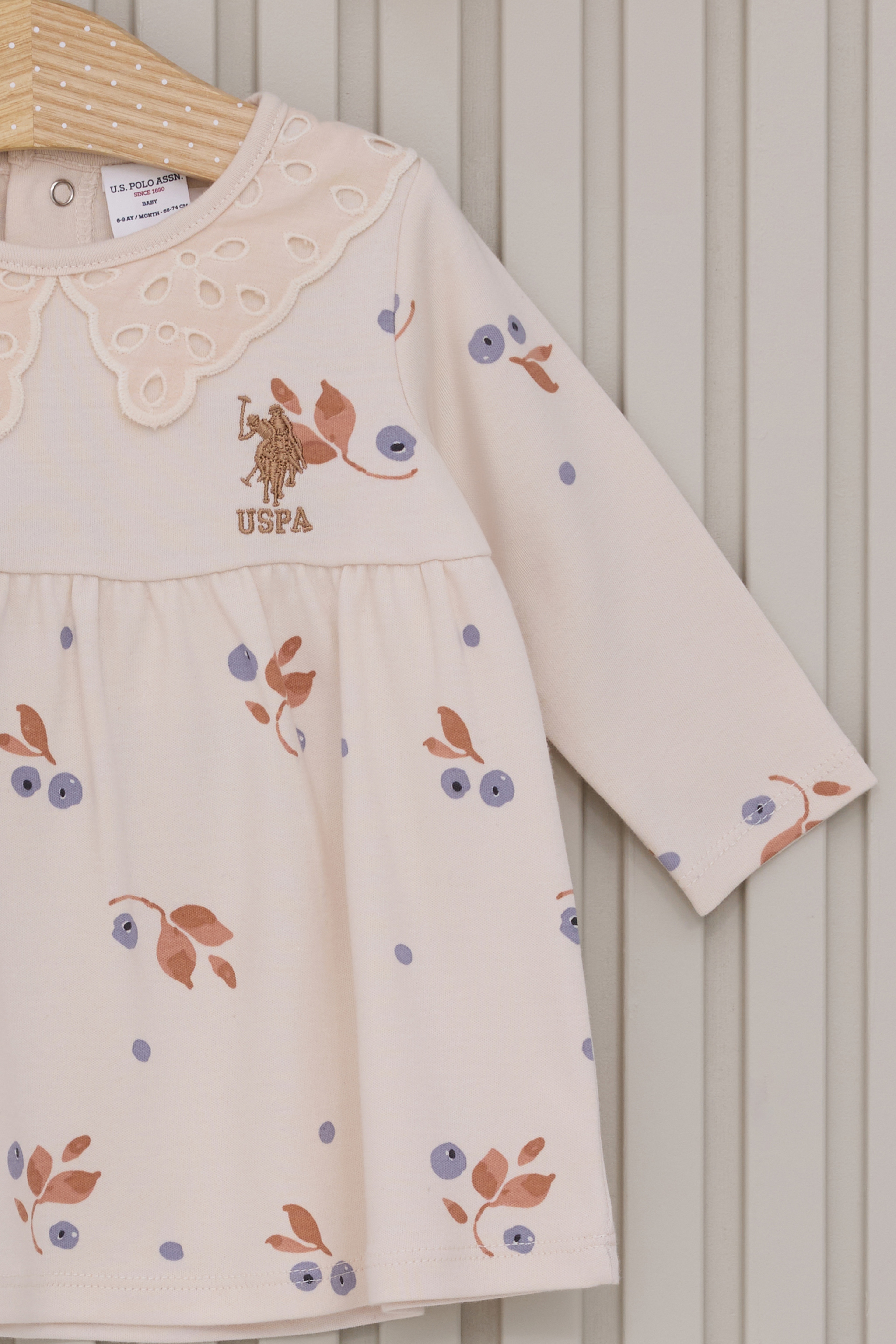 Kız Bebek Bej Çiçek Desenli Dantel Yaka Elbise Bandana 2'li Set
