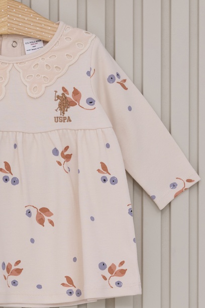 Kız Bebek Bej Çiçek Desenli Dantel Yaka Elbise Bandana 2'li Set