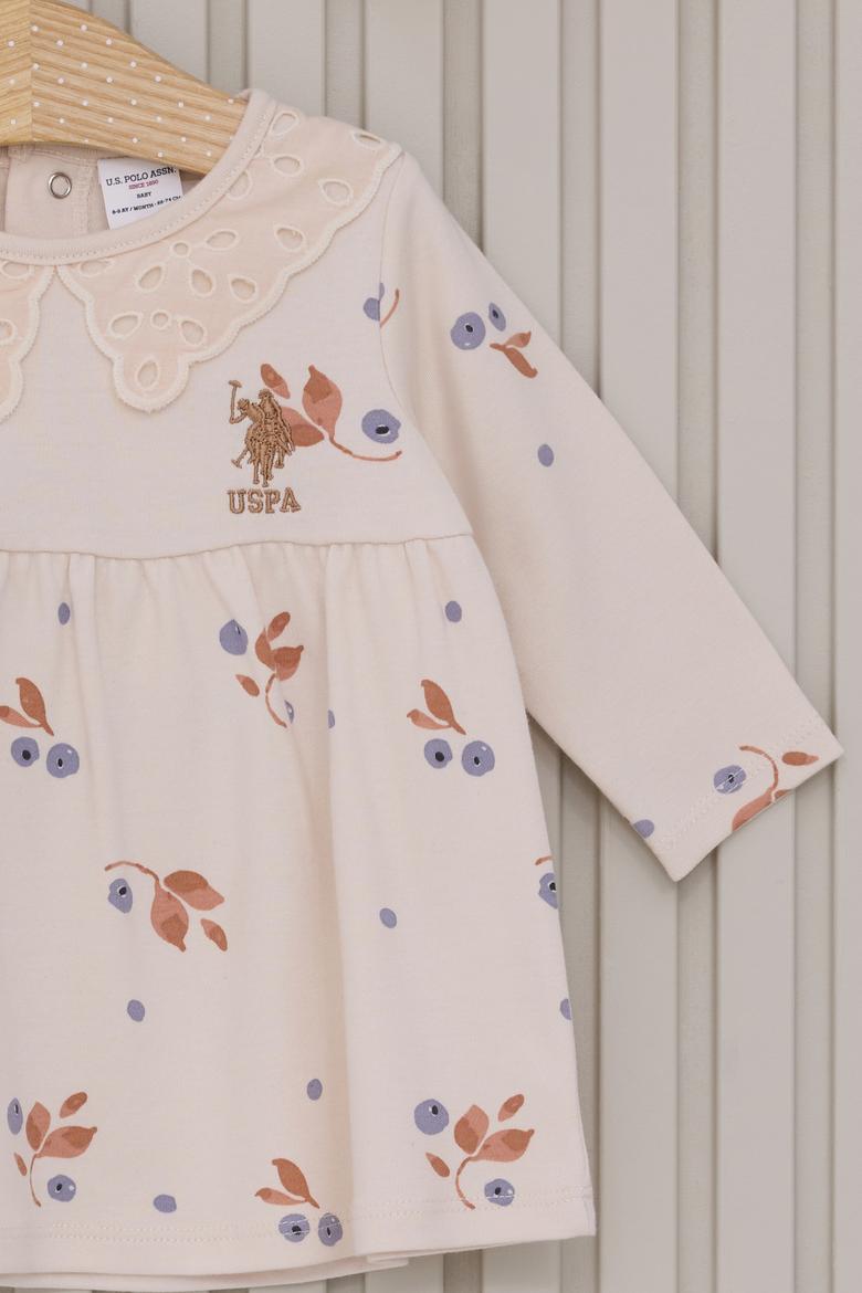 Kız Bebek Bej Çiçek Desenli Dantel Yaka Elbise Bandana 2'li Set - 50322805001