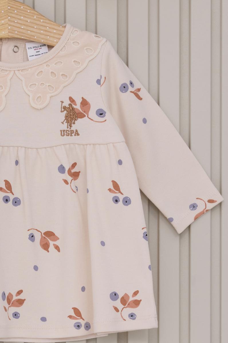 Kız Bebek Bej Çiçek Desenli Dantel Yaka Elbise Bandana 2'li Set