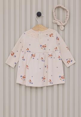 Kız Bebek Bej Çiçek Desenli Dantel Yaka Elbise Bandana 2'li Set - 50322805001