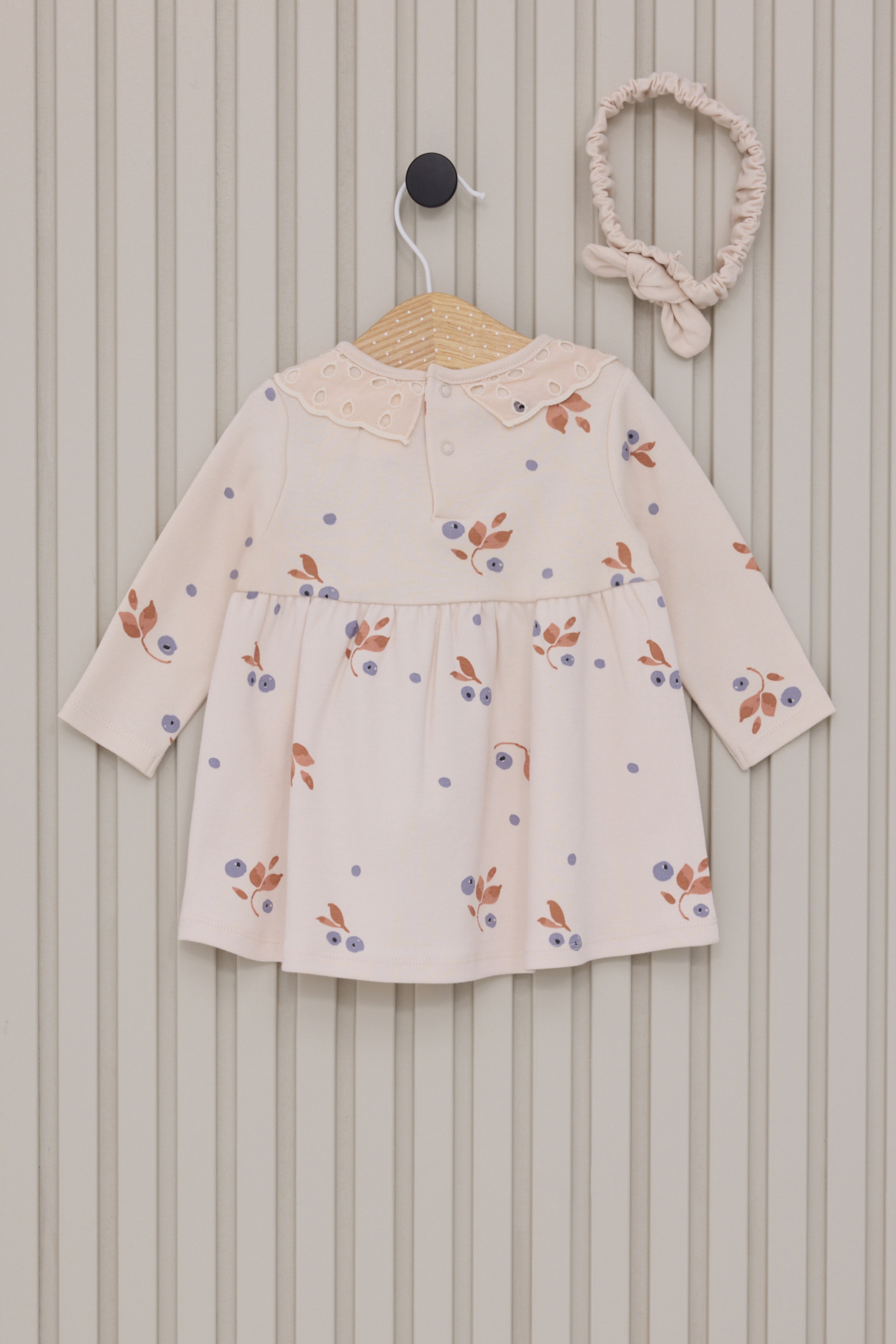 Kız Bebek Bej Çiçek Desenli Dantel Yaka Elbise Bandana 2'li Set