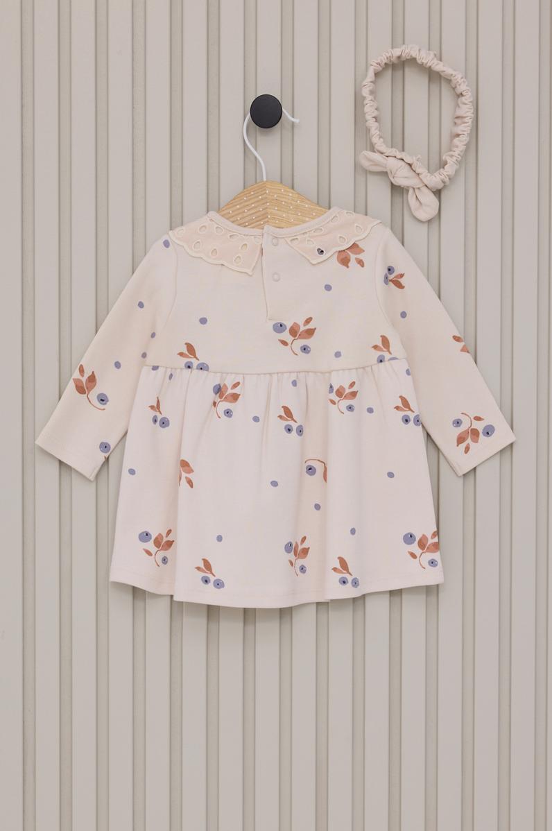 Kız Bebek Bej Çiçek Desenli Dantel Yaka Elbise Bandana 2'li Set