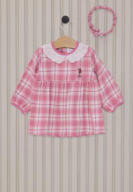 Kız Bebek Pembe Ekose Desenli Elbise Bandana 2'li Set - 50322807006