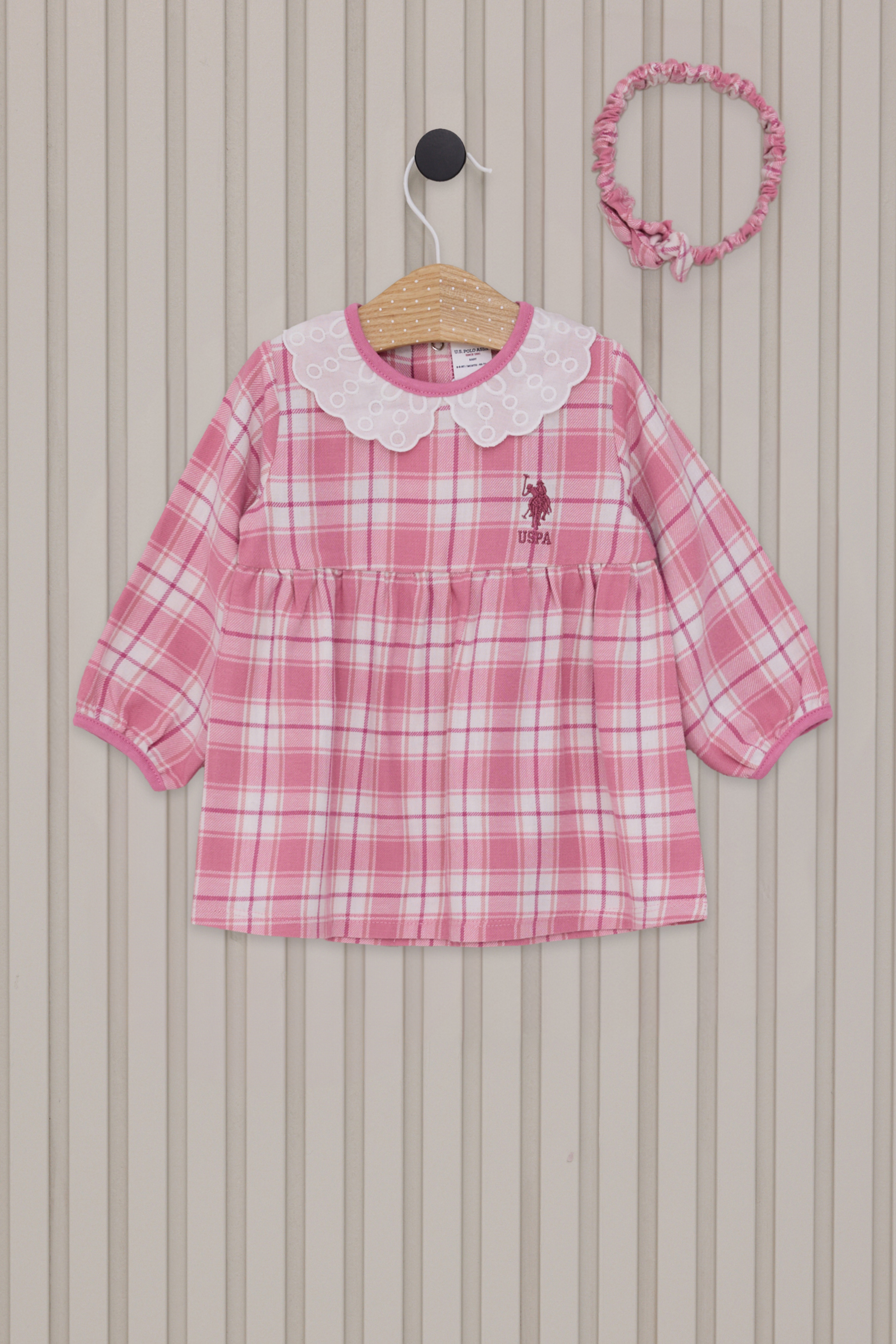 Kız Bebek Pembe Ekose Desenli Elbise Bandana 2'li Set - Image 1