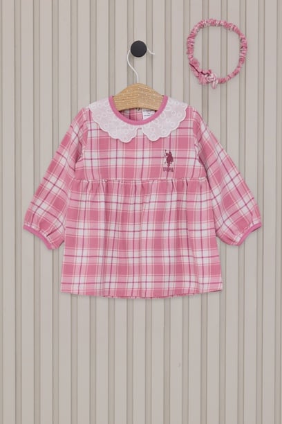 Kız Bebek Pembe Ekose Desenli Elbise Bandana 2'li Set
