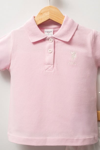 Kız Bebek Toz Pembe %100 Pamuk Polo Yaka Tişört Jean Pantolon Takım 2'li