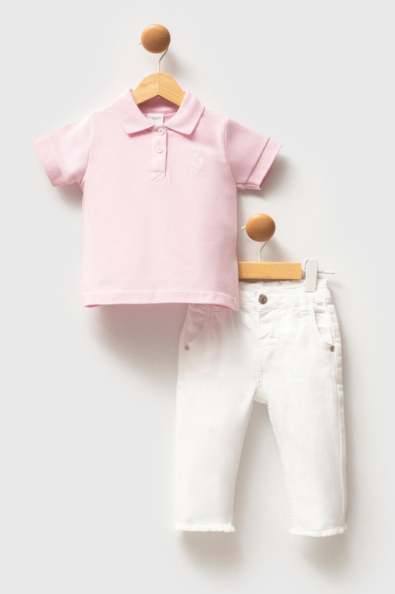 Kız Bebek Toz Pembe %100 Pamuk Polo Yaka Tişört Jean Pantolon Takım 2'li