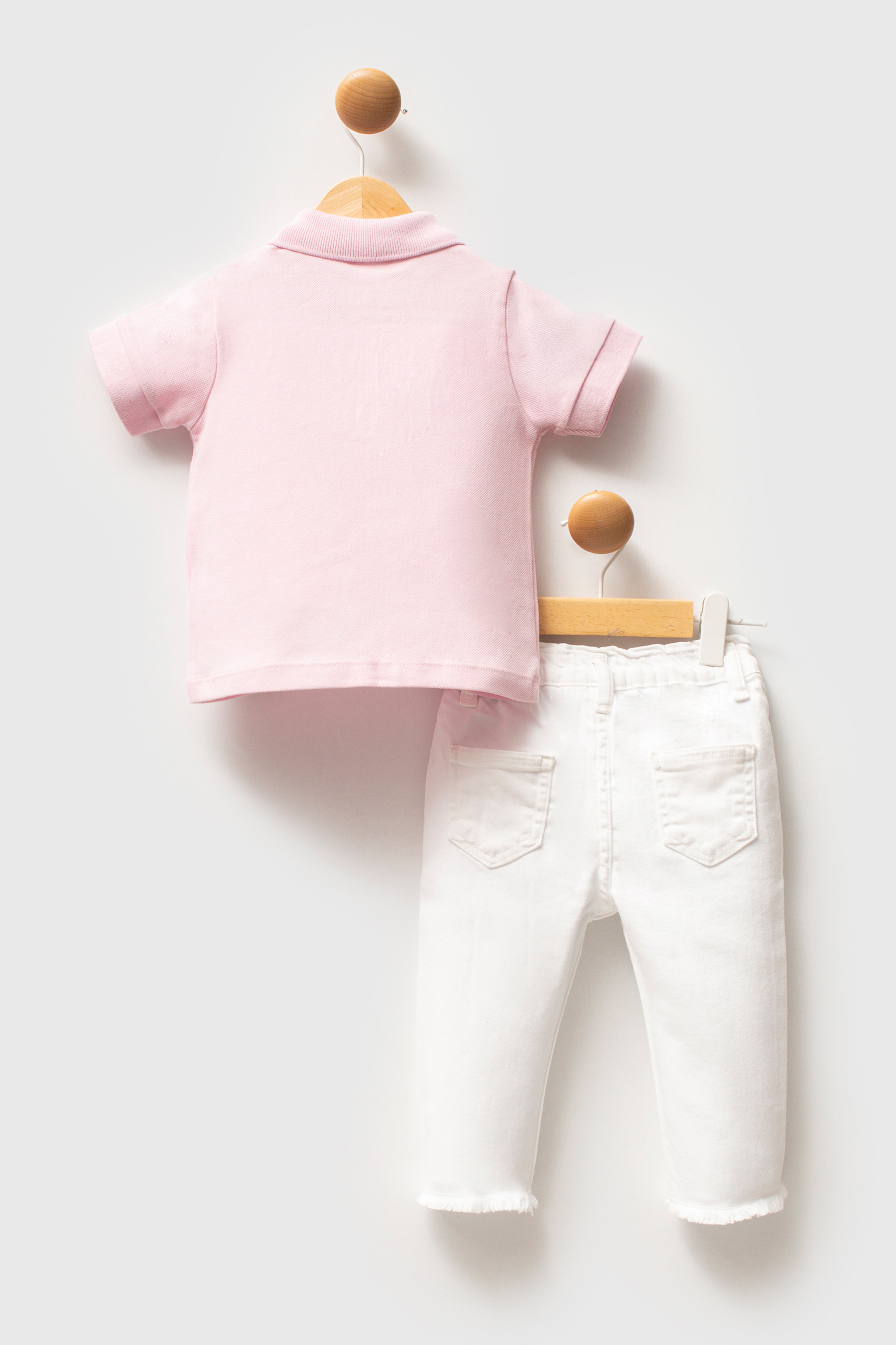 Kız Bebek Toz Pembe %100 Pamuk Polo Yaka Tişört Jean Pantolon Takım 2'li