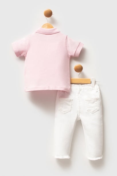 Kız Bebek Toz Pembe %100 Pamuk Polo Yaka Tişört Jean Pantolon Takım 2'li