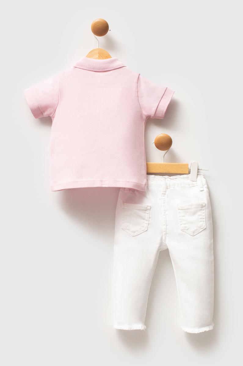 Kız Bebek Toz Pembe %100 Pamuk Polo Yaka Tişört Jean Pantolon Takım 2'li