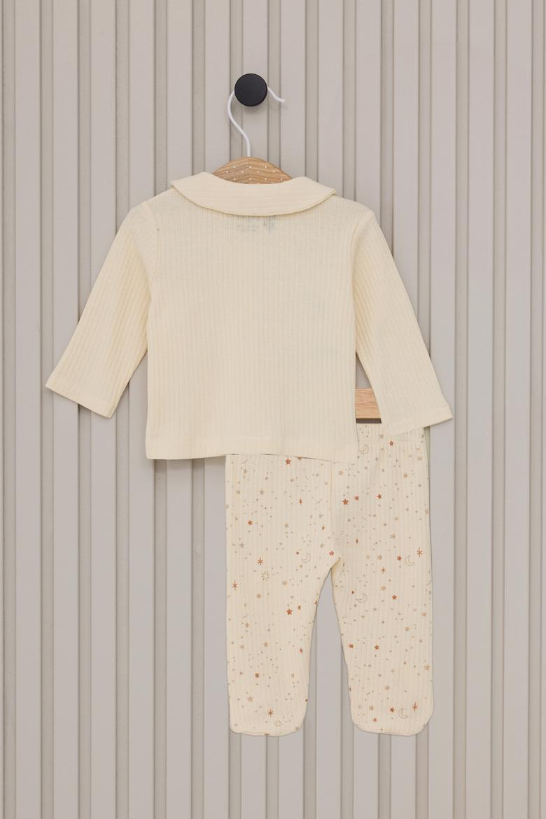 Kız Bebek Krem Gökyüzü Desenli Fitilli %100 Pamuk 3'lü Pijama Takımı - 50322801003