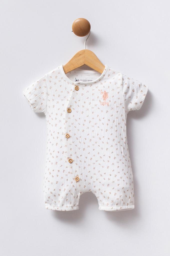 Kız Bebek Beyaz Minimal Çiçek Desenli Kısa Tulum