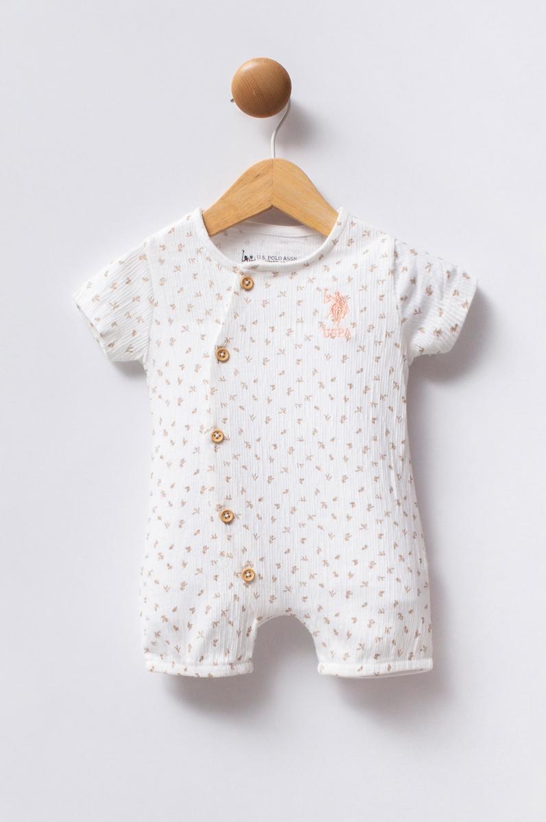 Kız Bebek Beyaz Minimal Çiçek Desenli Kısa Tulum