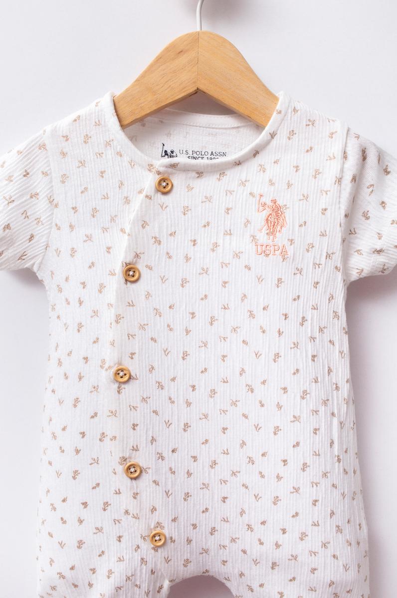 Kız Bebek Beyaz Minimal Çiçek Desenli Kısa Tulum