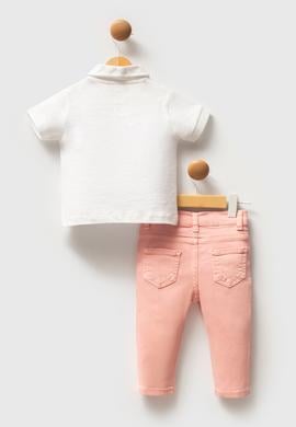 Kız Bebek Beyaz %100 Pamuk Polo Yaka Tişört Jean Pantolon Takım 2'li - 50322911001