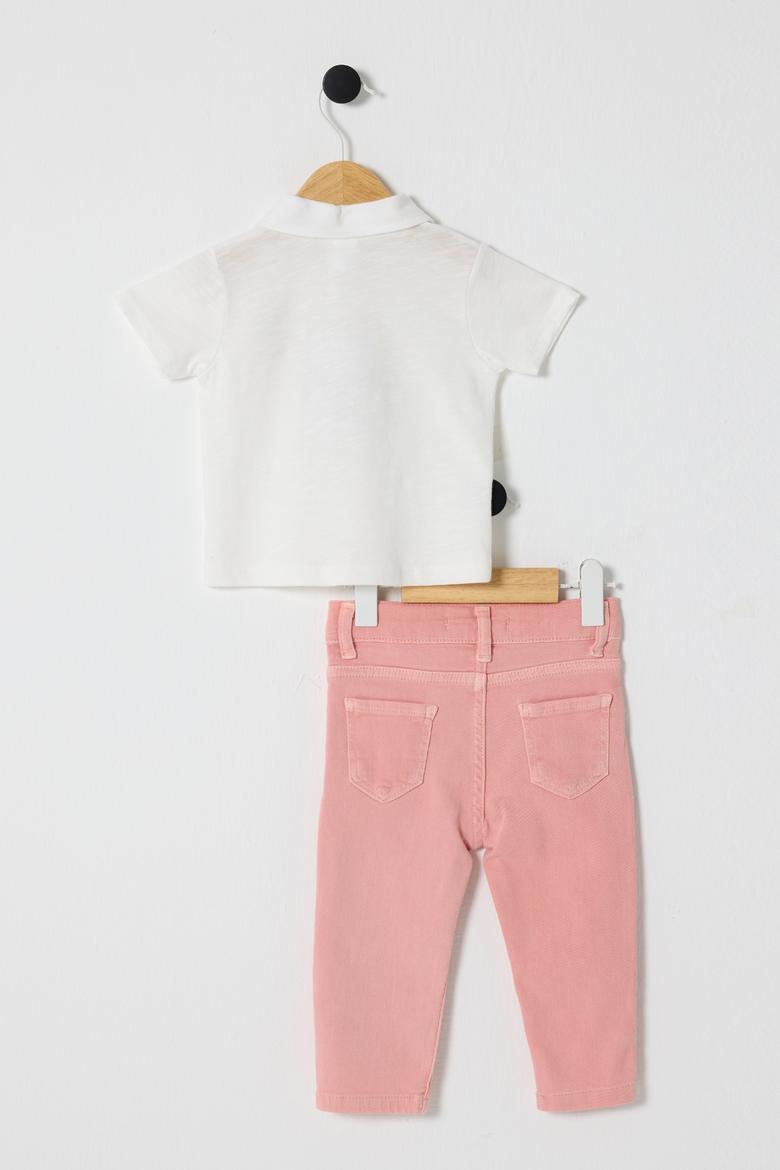 Kız Bebek Beyaz %100 Pamuk Polo Yaka Tişört Jean Pantolon Takım 2'li - 50322911001