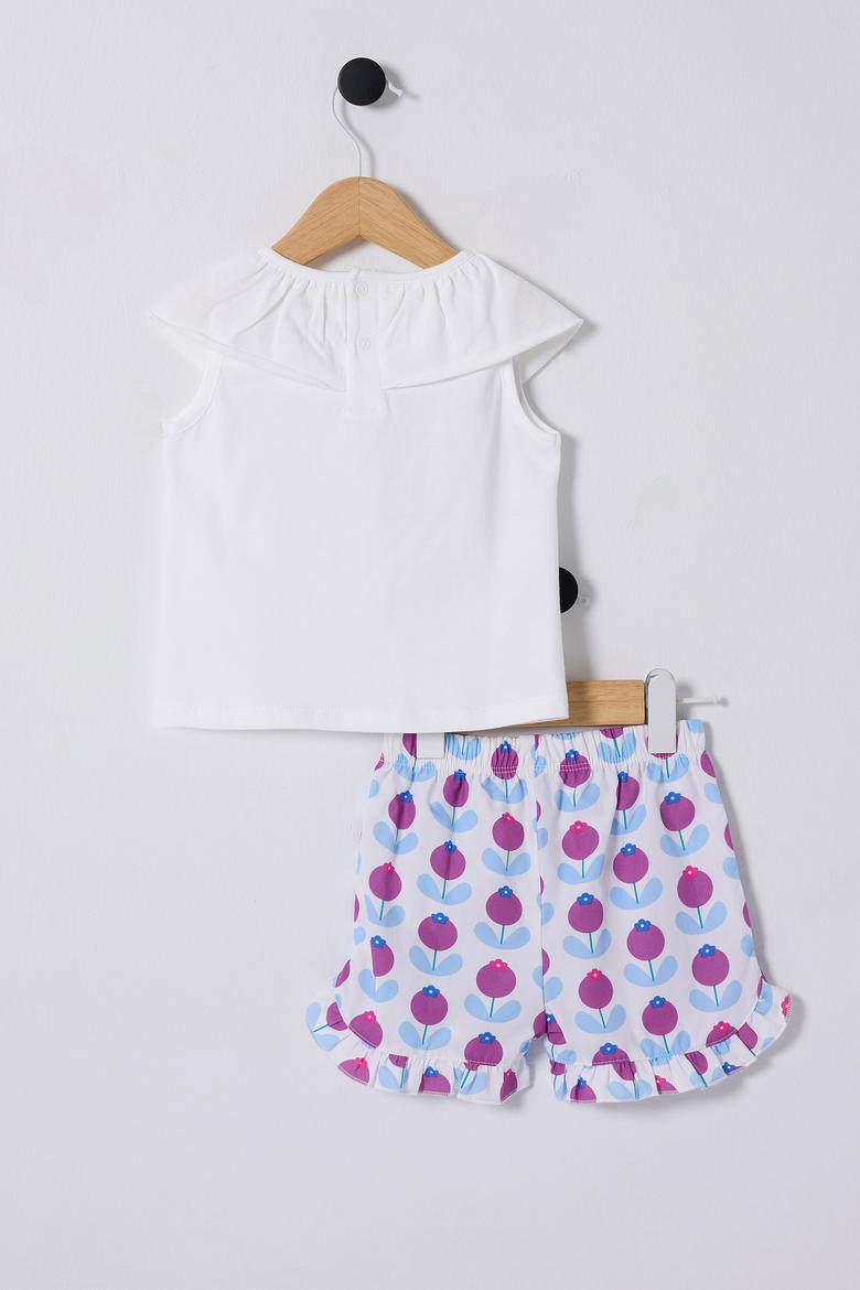 Kız Bebek Beyaz %100 Pamuk Tişört Fırfır Paça Şort Takım 2'li - 50322893006