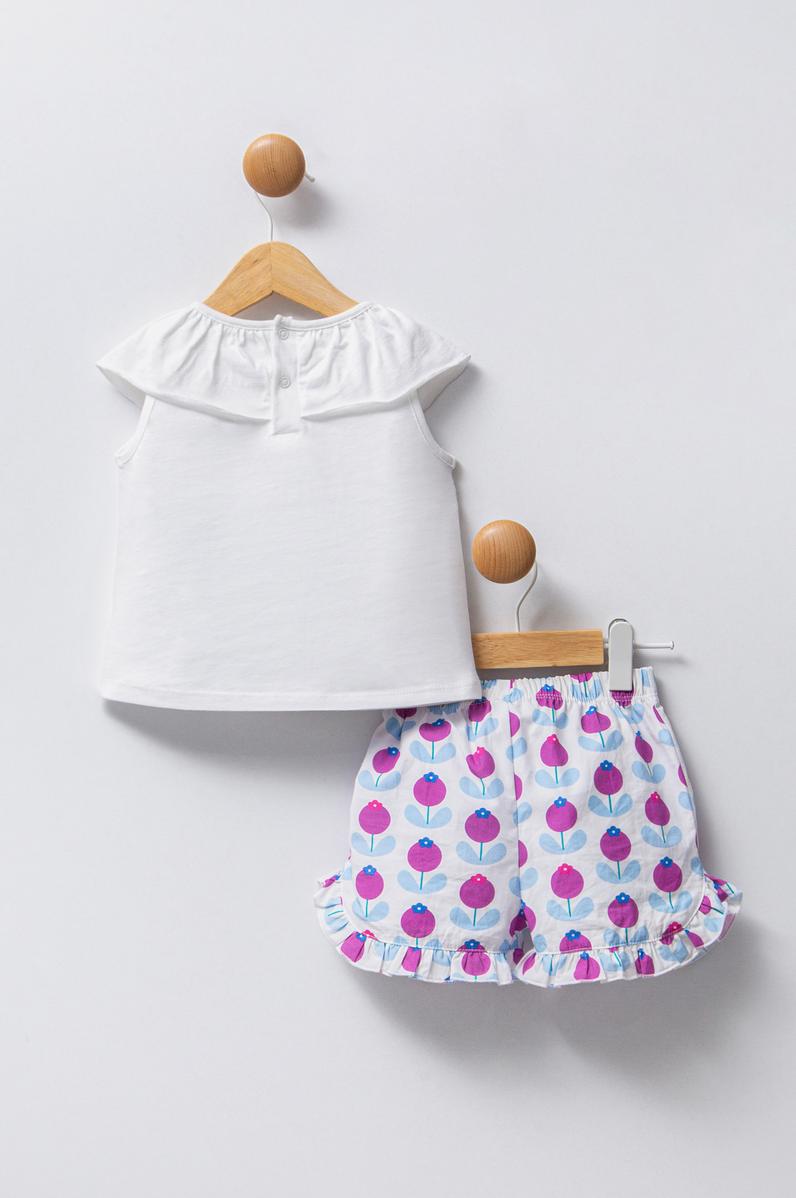 Kız Bebek Beyaz %100 Pamuk Tişört Fırfır Paça Şort Takım 2'li