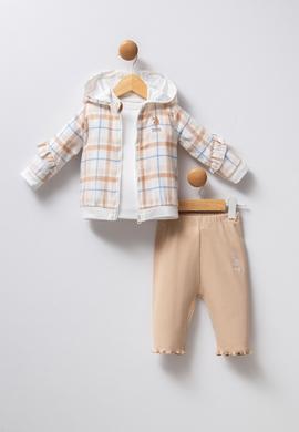 Kız Bebek Beyaz Ekose Desenli %100 Pamuk 3'lü Takım - 50322878003