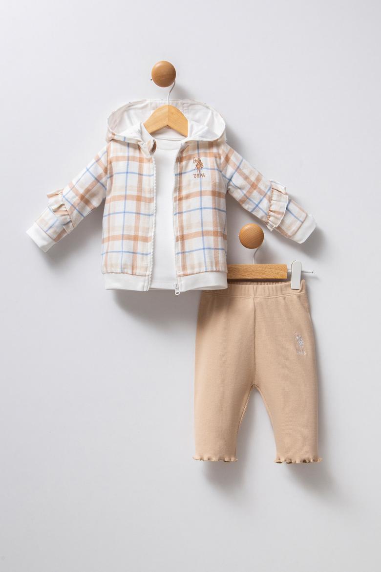 Kız Bebek Beyaz Ekose Desenli %100 Pamuk 3'lü Takım