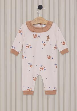 Kız Bebek Bej Çiçek Desenli Fırfır Yaka %100 Pamuk Tulum - 50322804002